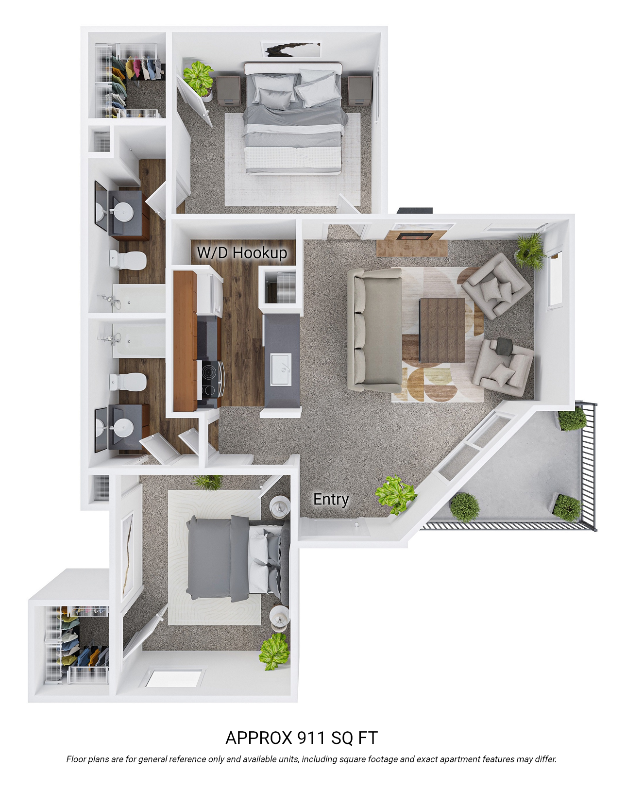 Floor plan for 2 beds, 2 baths, 911 sqft
